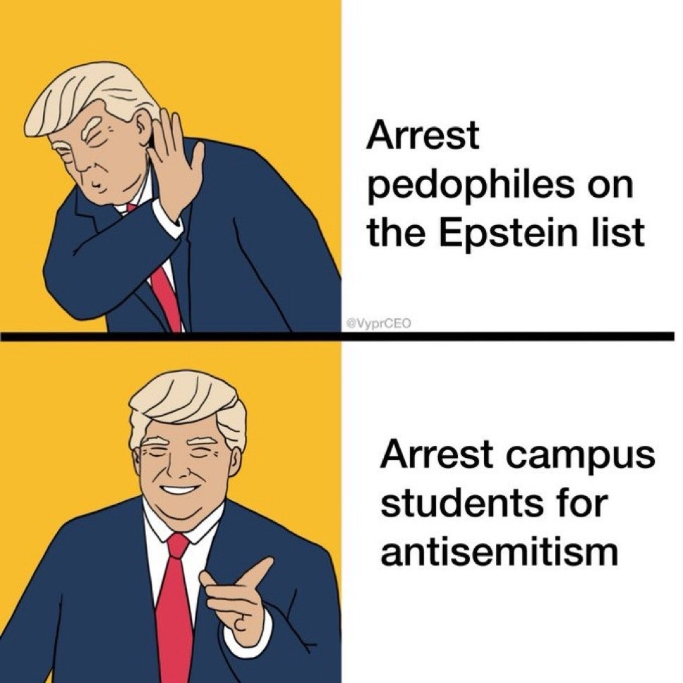 A two panel meme. The first panel reads, "Arrest pedophiles on the Epstein list." Next to that you see an image of Trump holding up his hand and turning away as a sign of rejecting that idea.

The second panel reads, "Arrest campus students for antisemitism." Next to that you see an image of Trump smiling and pointing as a sign of affirmation.