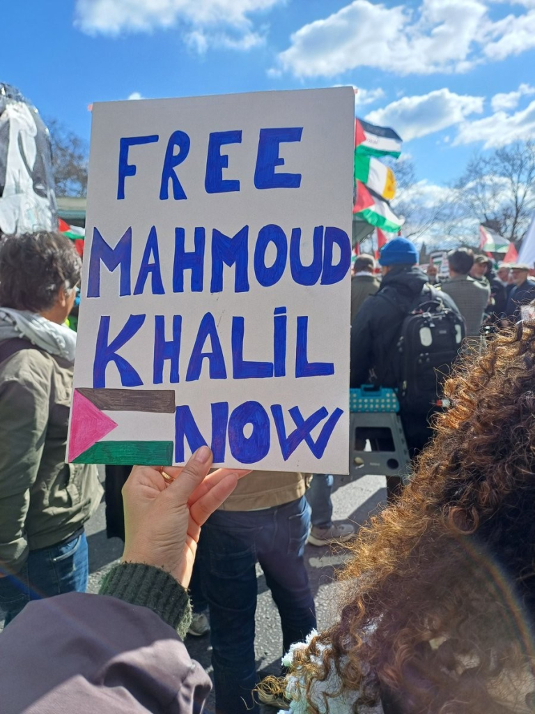 Placard with a Palestinian flag drawn on it with the words FREE MAHMOUD KHALIL NOW in blue capitals