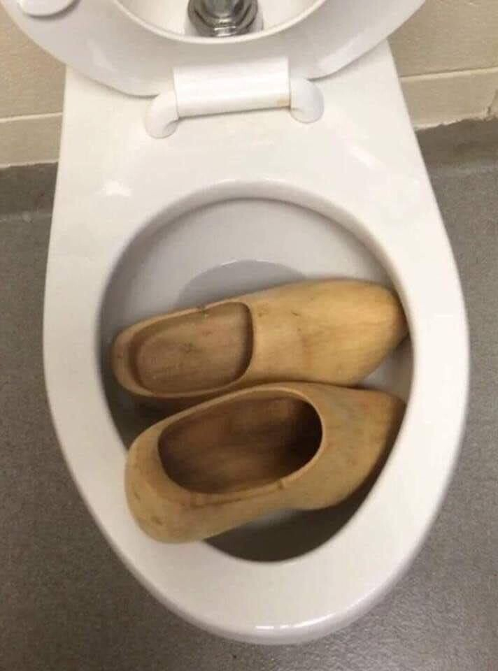 photo of a toilet bowl with two clogs (wooden shoes) in it