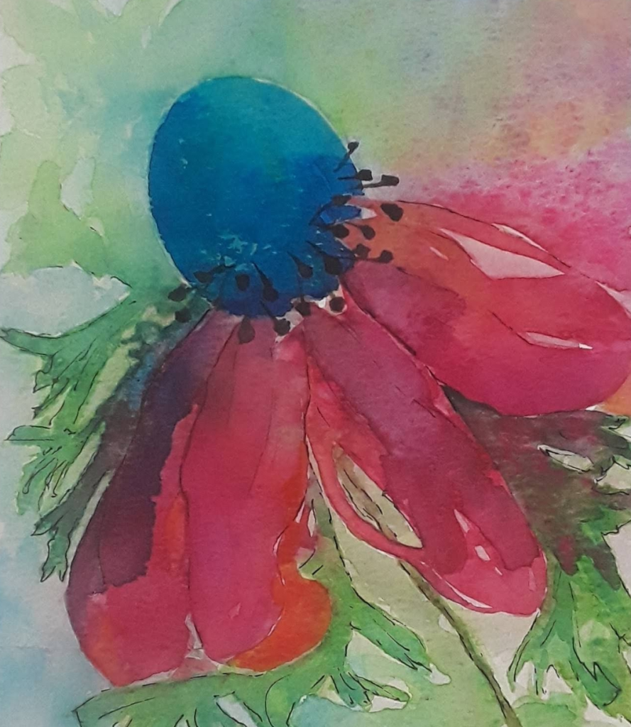 Vibrant watercolor of an abstract coneflower-like bloom with reflexed reddish pink petals.
