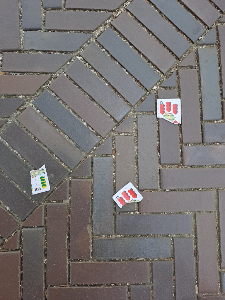 Pieces of three playing cards, torn in half, lie scattered on the dark brown brick sidewalk