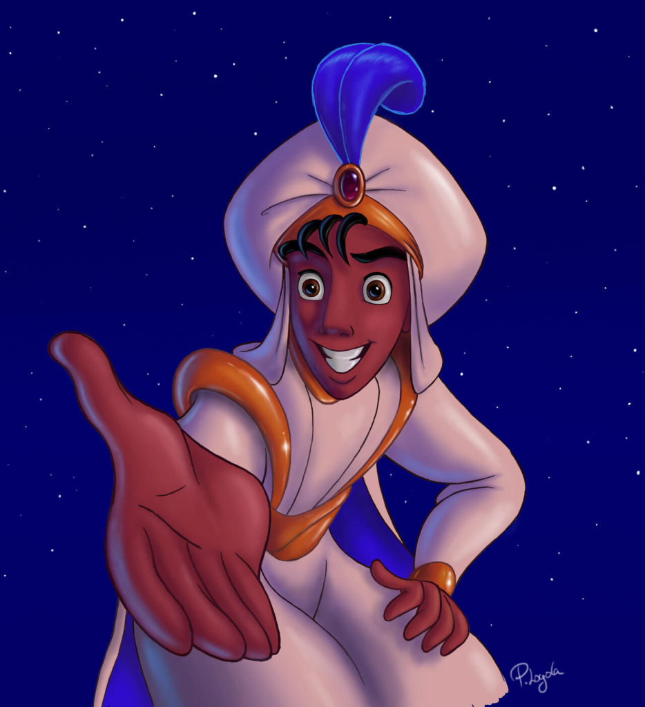 Screen capture from the animated film Aladdin... Aladdin in on the magic carpet extending his hand to Jasmine and says "Do you trust me?"