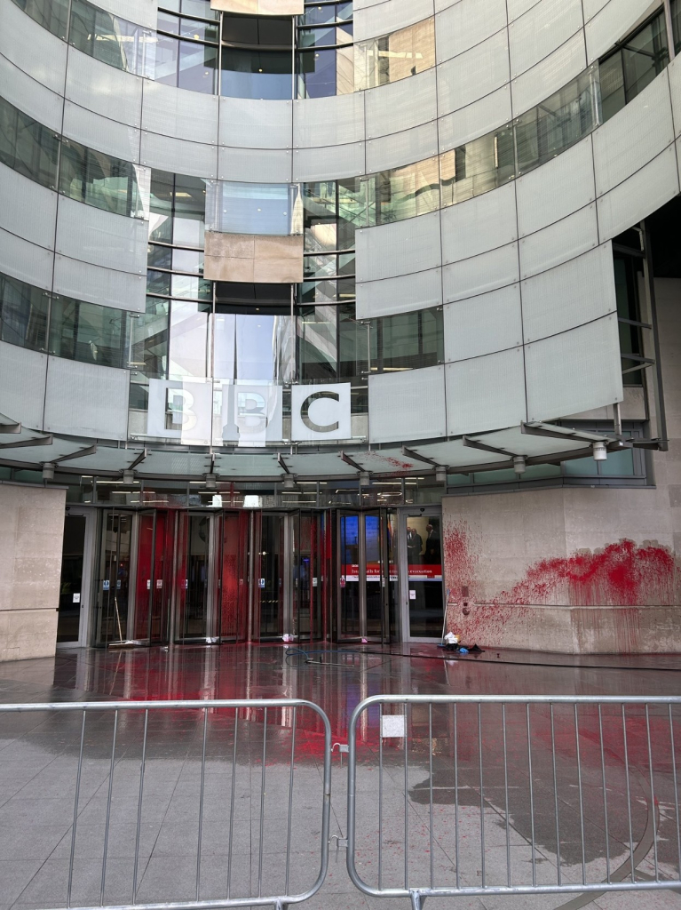 Entrance of BBC hq, defaced with red paint, this morning. Walls, pavement in front of the main entrance and glass doors all thrown paint at
Picture by Vic Derbyshire