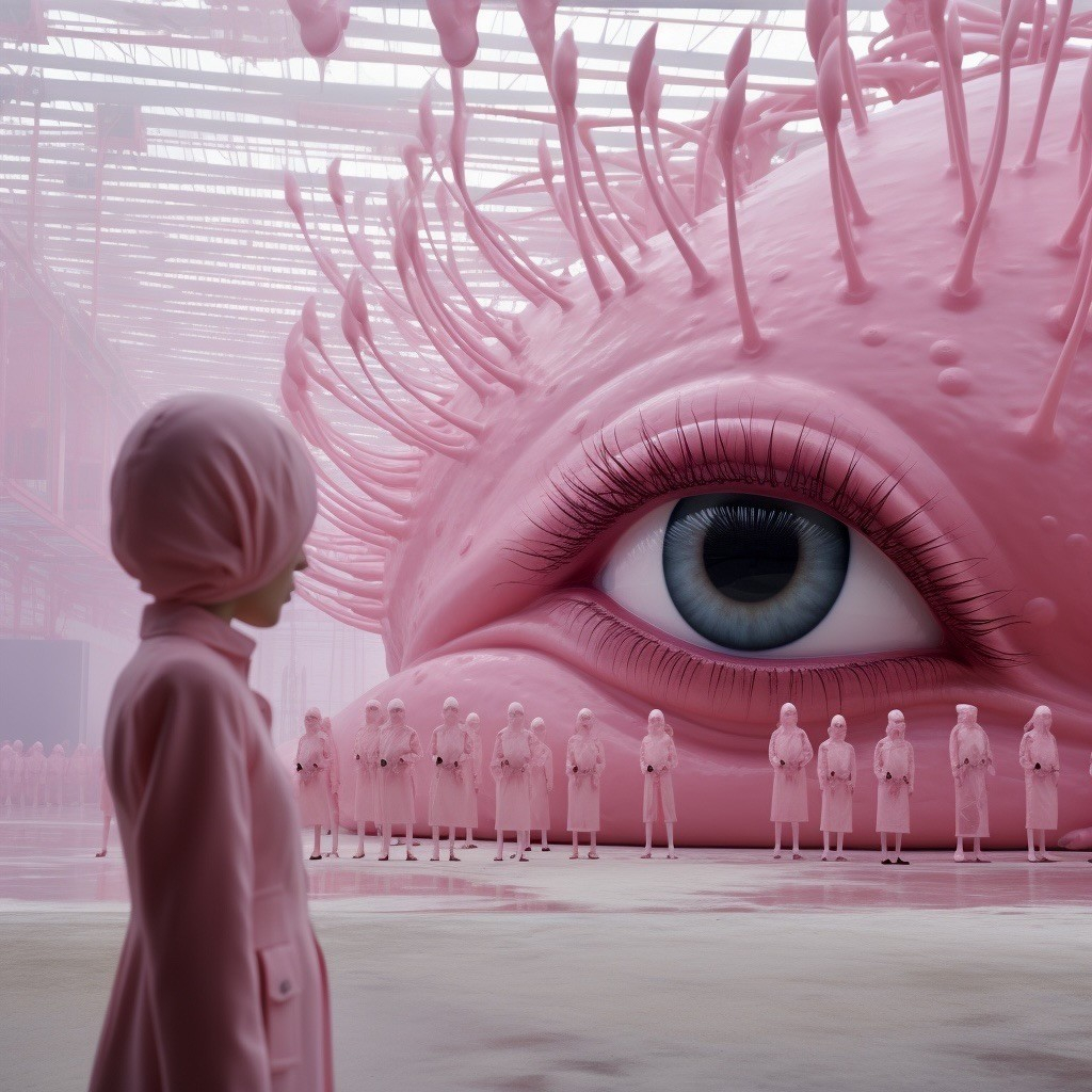 A person wearing a pink coat and a pink hood stands in the foreground. The person is watched by a giant eye of a giant pink head. In front of the head stand many persons in pink coats and hoods. 