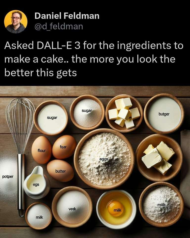 Twitter post by Daniel Feldman @d_feldman

"Asked DALL-E 3 for the ingredients to make a cake.. the more you look the better it gets"

[image of a bunch of baking ingredients, most of which are labeled]

A pile of white power "Potper"
A bowl of white powder "Sugar"
Three eggs "Flour, fear, butter"
A small pitcher full of white liquid "egs"
Another bowl of white powder "Milk"
Yet another bowl of white powder "veck"
A bowl of slightly more coarse looking white powder "Sugar"
A bowl of what looks to be flour "Eggs"
An egg yolk and white in a bowl "Milk"
Two unlabeled bowls of what looks to be butter of fat
A bowl of what could be milk "Butger"
Another bowl of what is probably flour "Miilk"