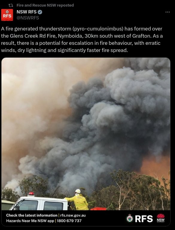 NSW Rural Fire Service tweet of a fire generated thunderstorm (Pyrocumulonimbus) forming in the Nymboida fire.