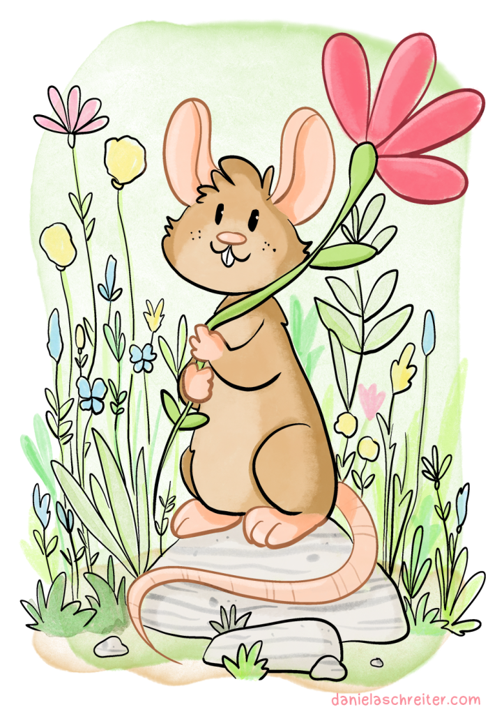 Illustration: A little brown mouse is sitting on a rock, she is holding a a red flower in her paws. In the background are many wildflowers.