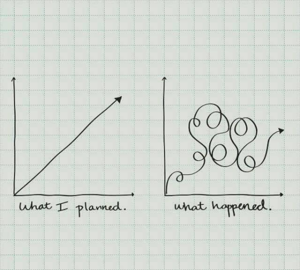 two graphs, one with a straight line going from bottom left to top right and labelled: "What I planned."

The other is a crazy curly line that starts at the bottom left and meanders to about halfway to the top right. It is labelled "What happened."