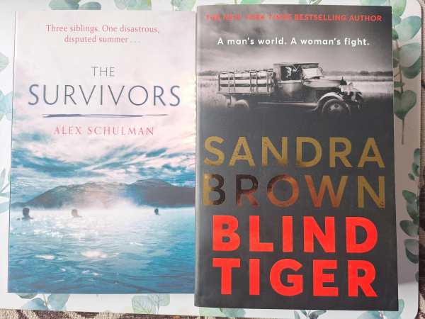 Two books side by side. On the left is The Survivors by Alex Schulman with an image of three people in water with hills in the background. On the right is Blind Tiger by Sandra Brown with a black cover and a black and white image of a woman in an old truck.