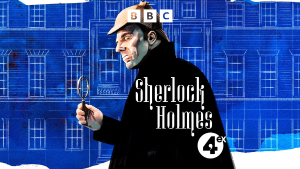 Illustration of detective Sherlock Holmes in his famous deerstalker and cape, holding a maginfying glass up in fron of him. Behind him a row of Georgian Houses including 221B Baker Street