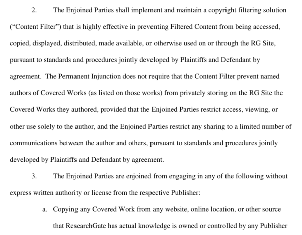  The Enjoined Parties shall implement and maintain a copyright filtering solution
(“Content Filter”) that is highly effective in preventing Filtered Content from being accessed,
copied, displayed, distributed, made available, or otherwise used on or through the RG Site,
pursuant to standards and procedures jointly developed by Plaintiffs and Defendant by
agreement. The Permanent Injunction does not require that the Content Filter prevent named
authors of Covered Works (as listed on those works) from privately storing on the RG Site the
Covered Works they authored, provided that the Enjoined Parties restrict access, viewing, or
other use solely to the author, and the Enjoined Parties restrict any sharing to a limited number of
communications between the author and others, pursuant to standards and procedures jointly
developed by Plaintiffs and Defendant by agreement.
3.
 The Enjoined Parties are enjoined from engaging in any of the following without
express written authority or license from the respective Publisher:
a. Copying any Covered Work from any website, online location, or other source
that ResearchGate has actual knowledge is owned or controlled by any Publisher