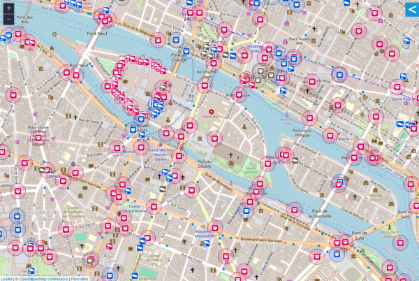 Screenshot: Surveillance cameras mapped in Paris, France (1x zoom).