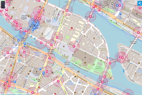 Screenshot: Surveillance cameras mapped in Paris, France (2x zoom).