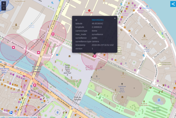 Screenshot: Surveillance cameras mapped in Paris, France (3x zoom).