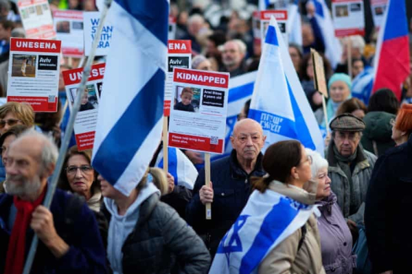 People hold posters at a demonstration in support of Israel in Prague, Czech Republic, on 1 November 2023. Photograph: Petr David Josek/AP