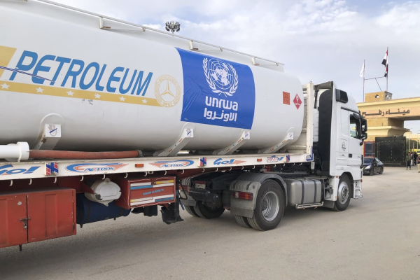 An Egyptian truck delivering fuel to the Gaza Strip waits at the Rafah border crossing on Wednesday.AP