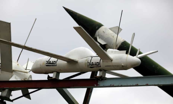 Mock Houthi-made drones and missiles on display in a square in Sana'a, Yemen, this month. Photograph: Yahya Arhab/EPA
