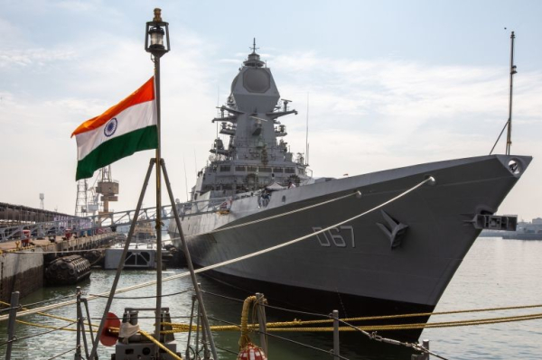 A stealth guided-missile destroyer at the Naval Dockyard in Mumbai, India [File: Divyakant Solanki/EPA]