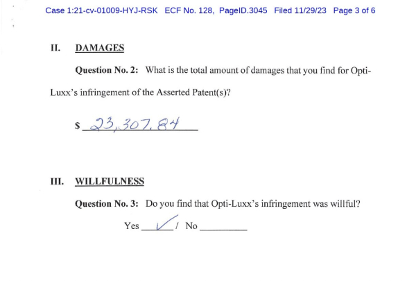 screenshot of verdict form, showing a jury finding of $23,307.84 in damages and a finding that the infringement was willful