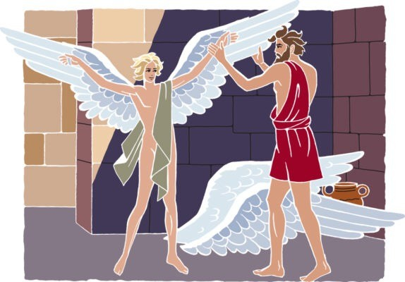 An illustration of Daedalus affixing wings on Icarus