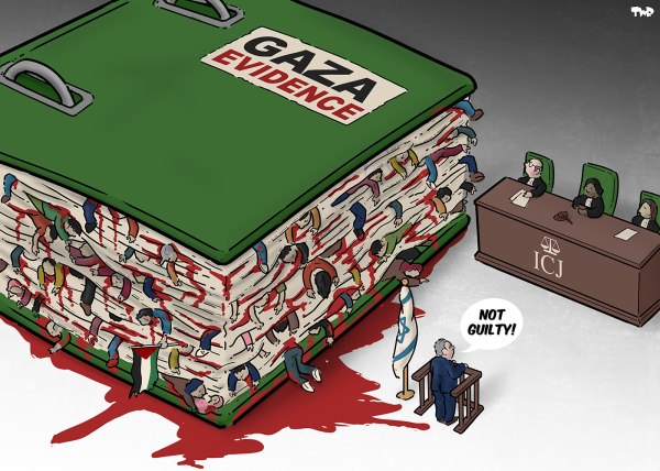 Netanyahu is standing in front of three judges of the International Court of Justice, pleading ‘Not guilty!’ To the side, we see a giant folder titled ‘Gaza evidence’; between the pages the victims of the violence in Gaza stick out, while blood is seeping out from the pages as well.