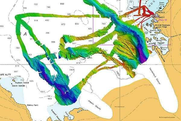 Map of seafloor near Antarctica. It shows parts of the seafloor mapped in great detail by sonar.