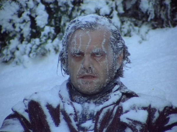 Jack Nicholson, frozen in The Shining, looking not unlike the adorable husky in the OP's toot.