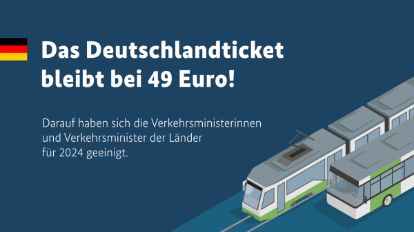 Das Deutschlandticket bleibt bei 49 Euro!

Darauf haben sich die Verkehrsministerinnen und Verkehrsminister der Länder für 2024 geeinigt.