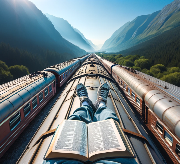 Someone reading a dictionary on a moving train. 