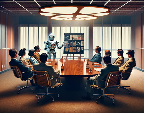 Robots giving an pitch to a room of "ad men," a group of men and women with 60's attire.