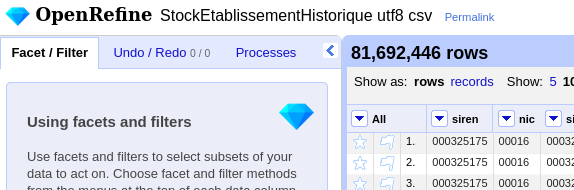 The OpenRefine UI on a project with 81,692,446 rows, showing the first few rows in it… and not choking!