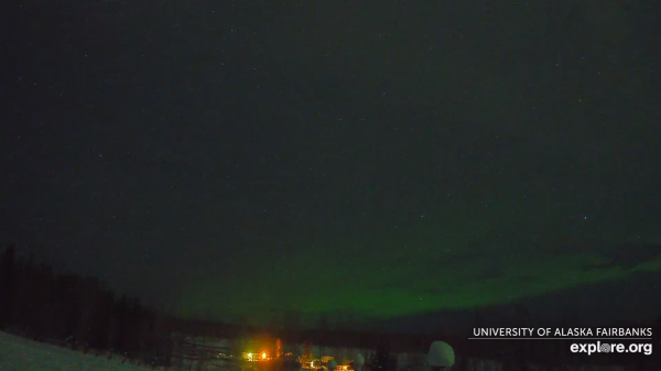 Subtle green Northern Lights over the University of Alaska, Fairbanks now.