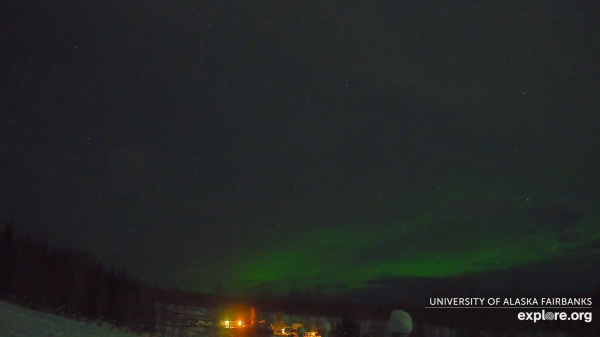 Subtle green Northern Lights over the University of Alaska, Fairbanks now.