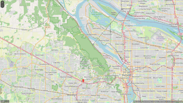 OpenStreetMap plot of the area described by NTSB where Alaska 1282 debris was found "near Southwest Barnes Road and Oregon 217". The point shows Barnes & 217 but it was apparently found in a nearby residential area. NTSB and news media are not naming the person who found it except as "Bob" to protect his privacy.