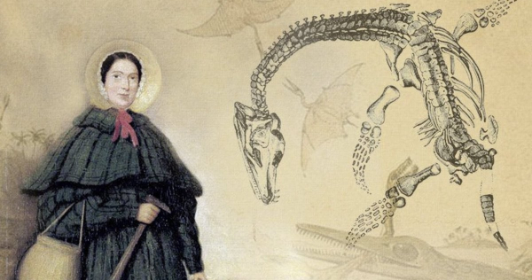 A painting of Mary Anning, dressed in a warm green coat and wearing a straw hat, carrying her fossil gathering tools. Next to her is a drawing of a plesiosaur skeleton.