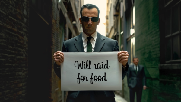 Midjourney: FBI agent in an alley holding up a sign which reads, "Will raid for food"