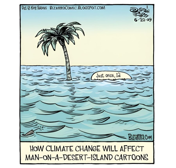 Cartoon: Sea and a tree.
 How Climate change will affect man-on-a-desert-island cartoon?!