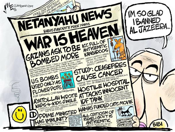 Netanyahu reads from his propaganda’d press while boasting that he banned Al Jazeera in this cartoon by Clay Jones. 