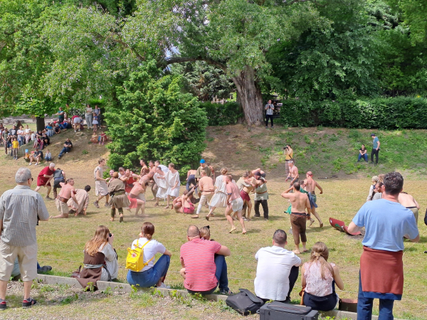 Photo of a lot of half-naked men in a field, some in barbarian trousers and some in Roman kilts, having a free-for-all, surrounded by spectators. The trees of the museum garden are in the background. 