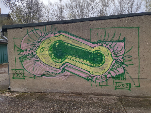 Graffiti art on a grey mortar garage wall. A large pink and green eye, that looks like it been glitches/stretched in the middle. Style is somewhere between comic and realistic.