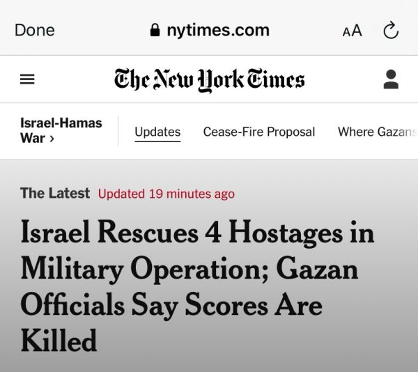 New York Times headline: Israel rescues 5 hostages; Gazan officials say scores killed 