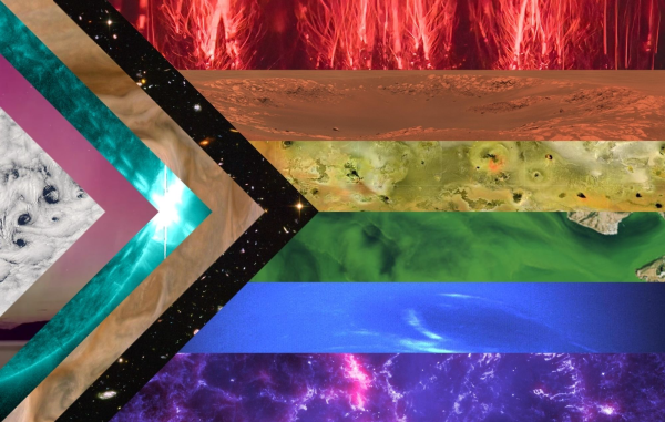 A pride flag with every color band represented by a NASA image. White is Earth clouds, pink is aurora, blue is the Sun in a specific wavelength, brown is Jupiter clouds, black is the Hubble deep field, red is the top of sprites, orange is a Mars crater, yellow is the surface of Io, green is a lake with algae, blue is Neptune, and purple is the Crab Nebula in a specific wavelength.
Credit: NASA/Rachel Lense ☺️