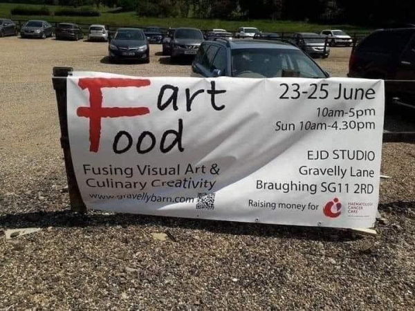 a sign that says Fart Food, but is supposed to say art food. (Fusing visual art & culinary creativity)