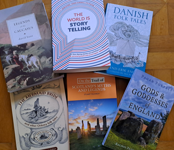 Books: Legends of the Caucasus by David Hunt, The Mermaid Bride by Tom Muir, Gods and Goddesses of England from the Pagan Portals series, On the trail of Scotland's Myths and Legends, Danis Folk Tales by Svend-Erik Eng, and The World is Story Telling by Arjen Barel, Ronni Gurwicz, and Stu Packer