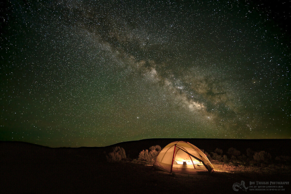 A photo of a brightly lit tent, a cat sitting inside looking out wondering why his human is messing around outside when it is so cold, and the Milky Way in the background. 