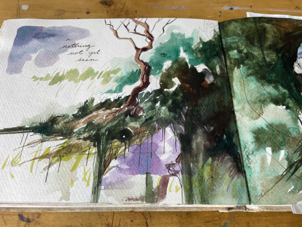 watercolor painting in a sketchbook. a tree, drippy foliage, strange clouds, the words “a nothing not yet seen” written in cursive