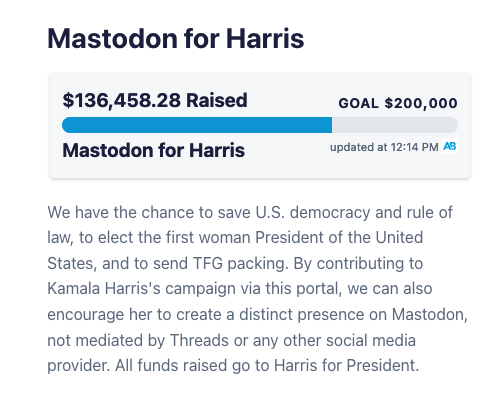 Mastodon for Harris

$136,458.28 Raised 
Goal $200,000
Updated 12:14 PM