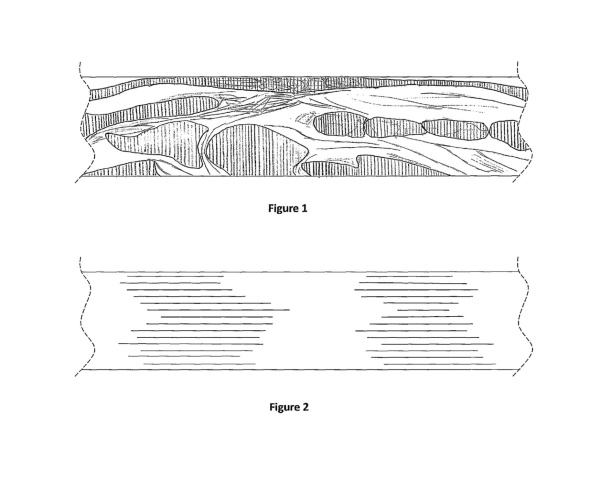 design patent drawings disclosing a strip of tape that is decorated, on one side, to resemble bacon