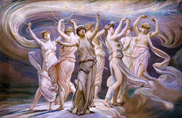 Painting of tilted "The Pleiades" by Elihu Vedder showing 7 women dancing in a circle in togas. 