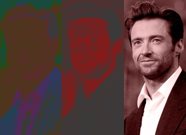 A triptych of images, all technically the same photo of Hugh Jackman—but the left one is the Hue channel, the middle is the Saturation channel, and the right one is the Luminosity. Due to the way we perceive detail, the Luminosity image is the clearest rendition of the original photo.